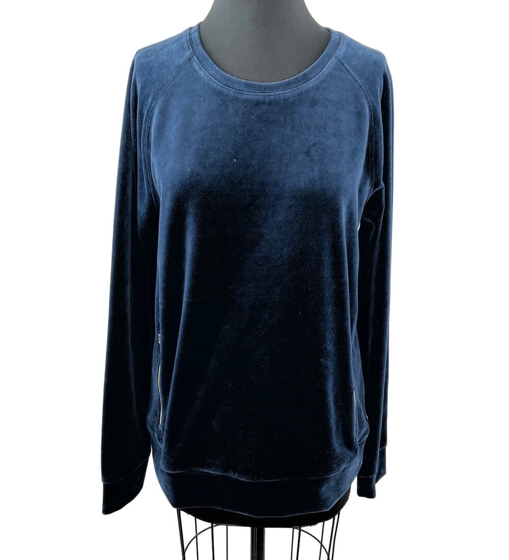 Scotch & Soda Blue Velour Crew Neck Pullover Sweater Zip Pockets Long Sleeve L